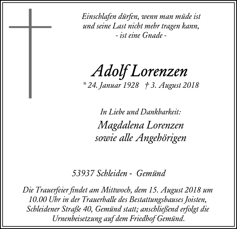  Traueranzeige für Adolf Lorenzen vom 11.08.2018 aus Kölner Stadt-Anzeiger / Kölnische Rundschau / Express