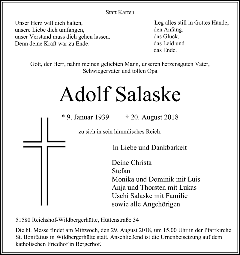 Traueranzeige für Adolf Salaske vom 23.08.2018 aus Kölner Stadt-Anzeiger / Kölnische Rundschau / Express