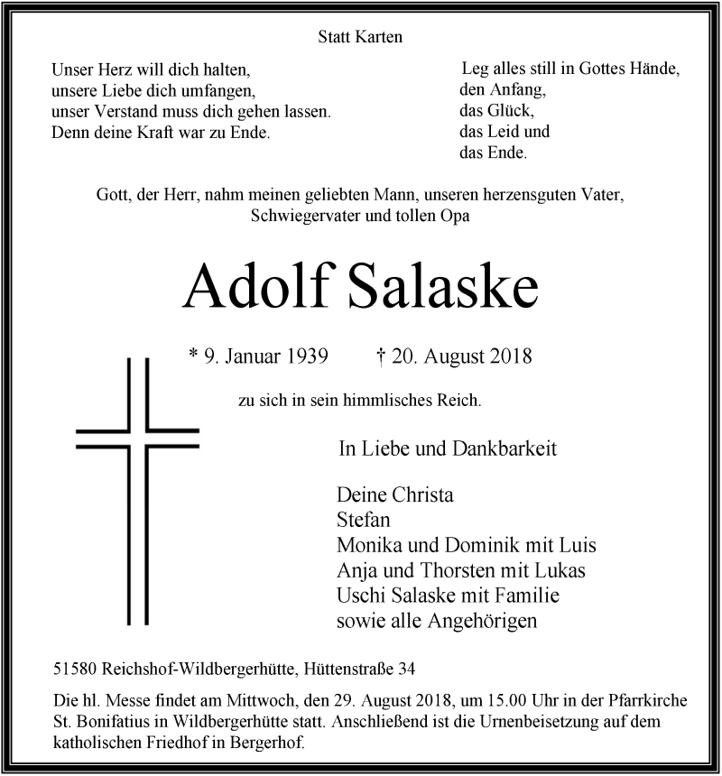  Traueranzeige für Adolf Salaske vom 29.08.2018 aus  Lokalanzeiger 