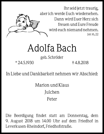 Anzeige von Adolfa Bach von Kölner Stadt-Anzeiger / Kölnische Rundschau / Express