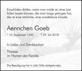 Anzeige von Aennchen Goeb von Kölner Stadt-Anzeiger / Kölnische Rundschau / Express
