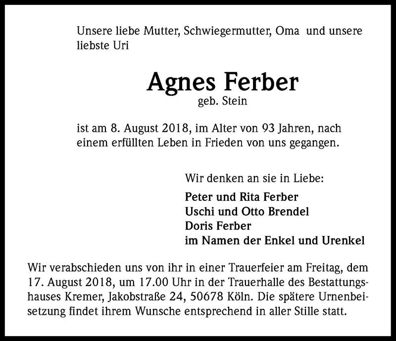  Traueranzeige für Agnes Ferber vom 11.08.2018 aus Kölner Stadt-Anzeiger / Kölnische Rundschau / Express