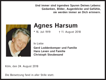 Anzeige von Agnes Harsum von Kölner Stadt-Anzeiger / Kölnische Rundschau / Express