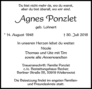 Anzeige von Agnes Ponzlet von Kölner Stadt-Anzeiger / Kölnische Rundschau / Express