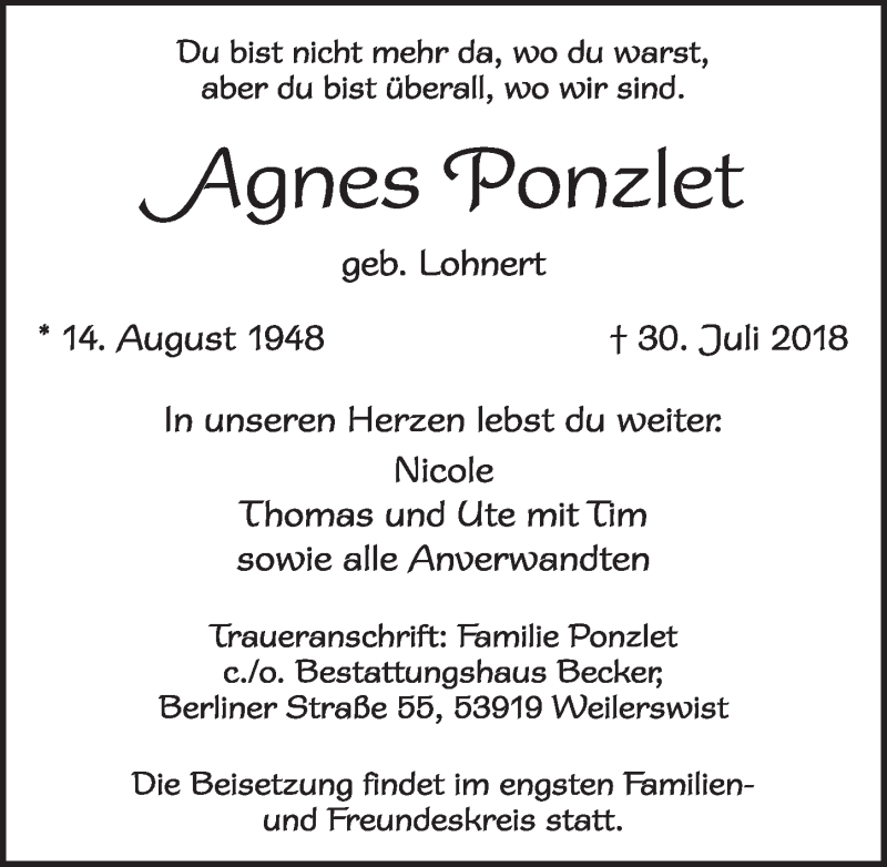  Traueranzeige für Agnes Ponzlet vom 11.08.2018 aus  Blickpunkt Euskirchen  Sonntags-Post 