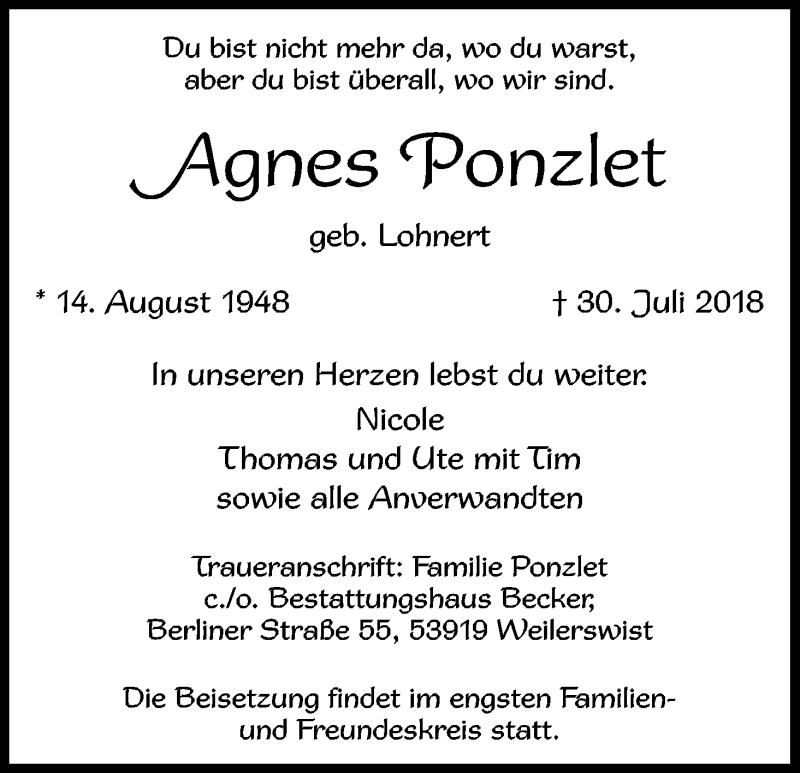  Traueranzeige für Agnes Ponzlet vom 11.08.2018 aus Kölner Stadt-Anzeiger / Kölnische Rundschau / Express