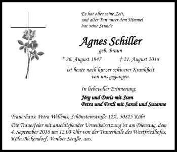 Anzeige von Agnes Schiller von Kölner Stadt-Anzeiger / Kölnische Rundschau / Express