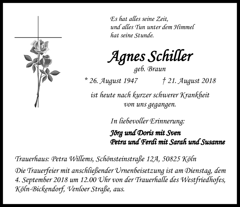  Traueranzeige für Agnes Schiller vom 28.08.2018 aus Kölner Stadt-Anzeiger / Kölnische Rundschau / Express