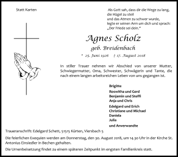 Anzeige von Agnes Scholz von Kölner Stadt-Anzeiger / Kölnische Rundschau / Express