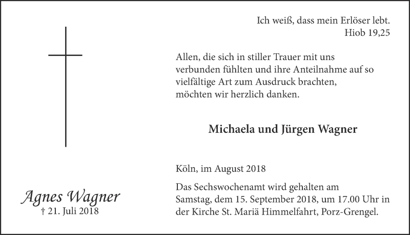  Traueranzeige für Agnes Wagner vom 22.08.2018 aus  Kölner Wochenspiegel 