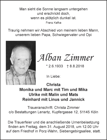 Anzeige von Alban Zimmer von  Kölner Wochenspiegel 