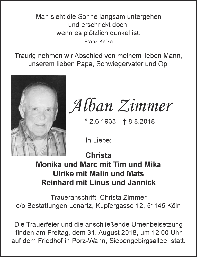  Traueranzeige für Alban Zimmer vom 15.08.2018 aus  Kölner Wochenspiegel 