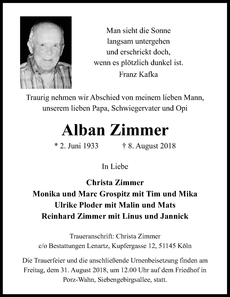  Traueranzeige für Alban Zimmer vom 18.08.2018 aus Kölner Stadt-Anzeiger / Kölnische Rundschau / Express