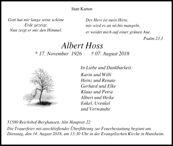 Anzeige von Albert Hoss von Kölner Stadt-Anzeiger / Kölnische Rundschau / Express