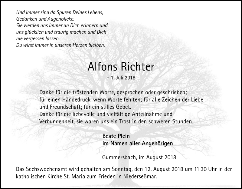  Traueranzeige für Alfons Richter vom 04.08.2018 aus Kölner Stadt-Anzeiger / Kölnische Rundschau / Express