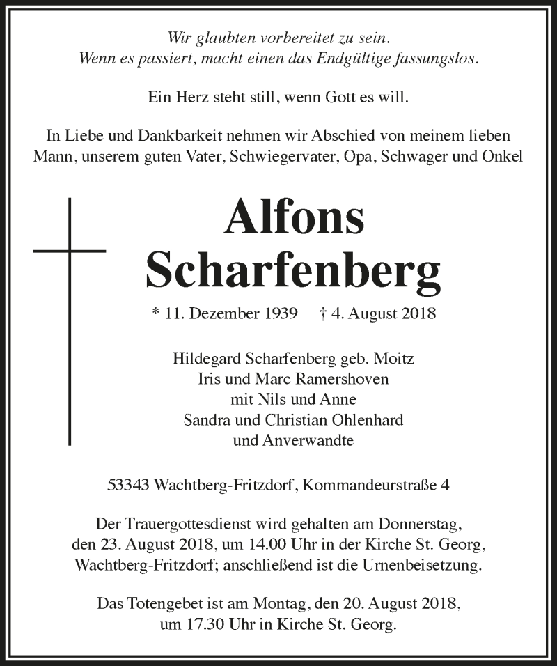  Traueranzeige für Alfons Scharfenberg vom 15.08.2018 aus  Schaufenster/Blickpunkt 