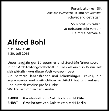 Anzeige von Alfred Bohl von Kölner Stadt-Anzeiger / Kölnische Rundschau / Express