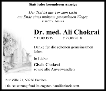 Anzeige von Ali Chokrai von Kölner Stadt-Anzeiger / Kölnische Rundschau / Express