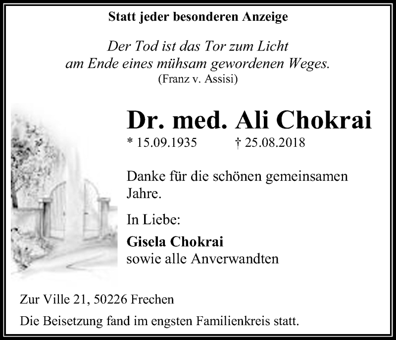  Traueranzeige für Ali Chokrai vom 01.09.2018 aus Kölner Stadt-Anzeiger / Kölnische Rundschau / Express