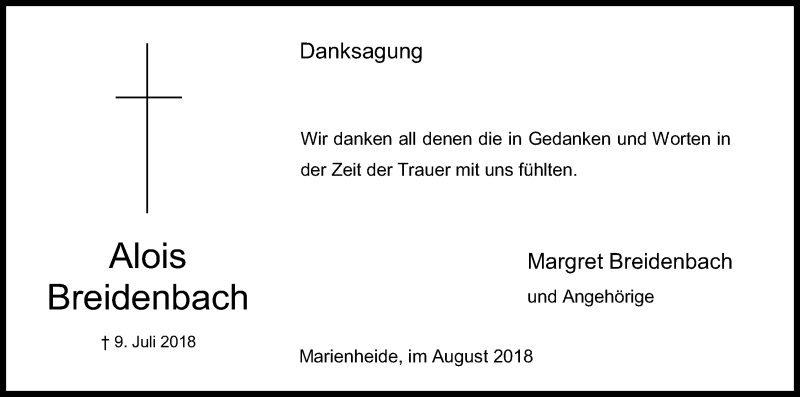  Traueranzeige für Alois Breidenbach vom 10.08.2018 aus Kölner Stadt-Anzeiger / Kölnische Rundschau / Express