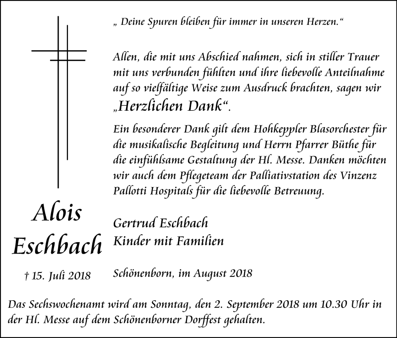  Traueranzeige für Alois Eschbach vom 25.08.2018 aus Kölner Stadt-Anzeiger / Kölnische Rundschau / Express