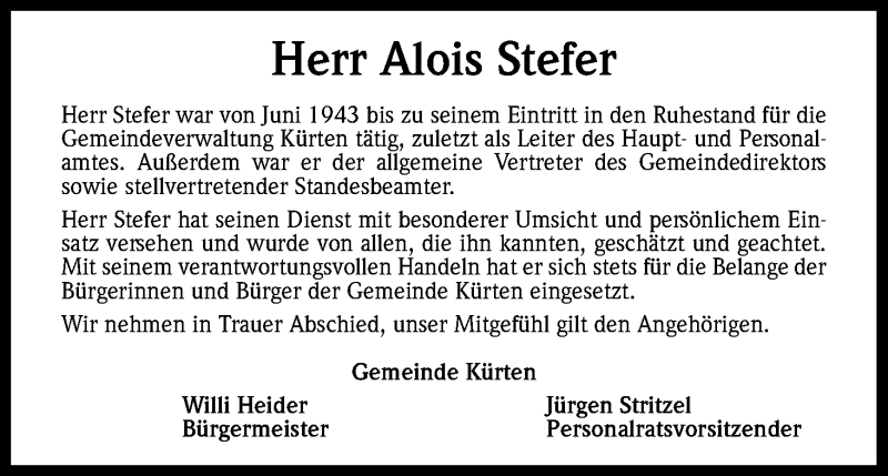  Traueranzeige für Alois Stefer vom 04.08.2018 aus Kölner Stadt-Anzeiger / Kölnische Rundschau / Express