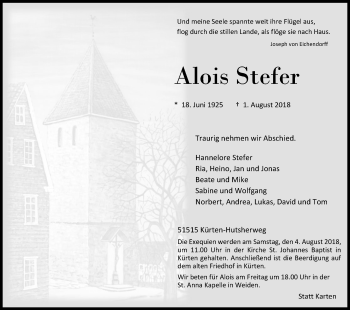 Anzeige von Alois Stefer von Kölner Stadt-Anzeiger / Kölnische Rundschau / Express