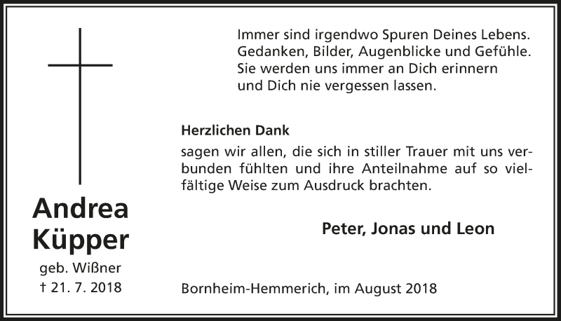  Traueranzeige für Andrea Küpper vom 22.08.2018 aus  Schaufenster/Blickpunkt  Schlossbote/Werbekurier 