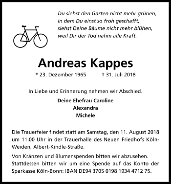 Anzeige von Andreas Kappes von Kölner Stadt-Anzeiger / Kölnische Rundschau / Express