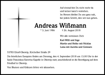 Anzeige von Andreas Wißmann von Kölner Stadt-Anzeiger / Kölnische Rundschau / Express