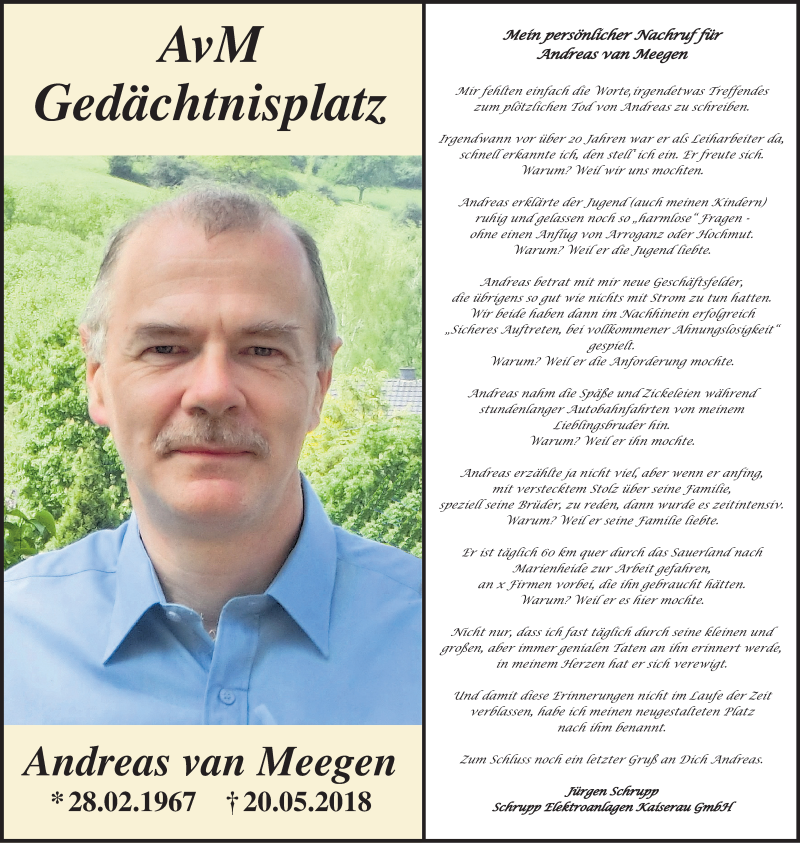  Traueranzeige für Andreas van Meegen vom 25.08.2018 aus Kölner Stadt-Anzeiger / Kölnische Rundschau / Express