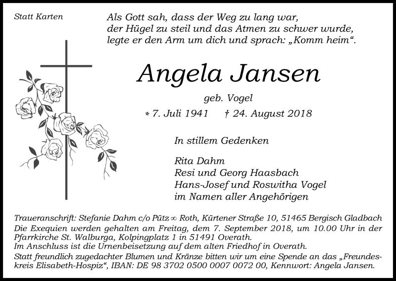  Traueranzeige für Angela Jansen vom 01.09.2018 aus Kölner Stadt-Anzeiger / Kölnische Rundschau / Express