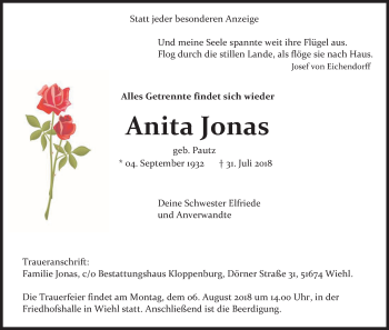 Anzeige von Anita Jonas von Kölner Stadt-Anzeiger / Kölnische Rundschau / Express