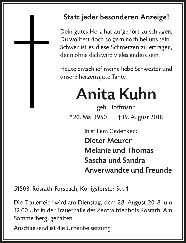  Traueranzeige für Anita Kuhn vom 25.08.2018 aus  Bergisches Sonntagsblatt 