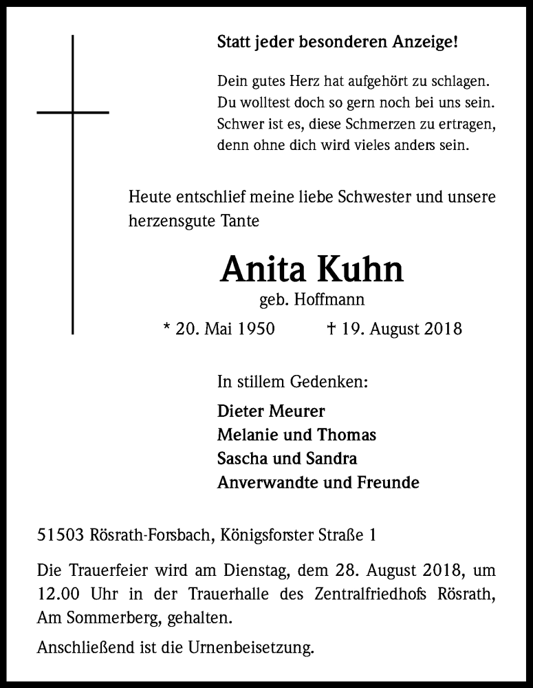  Traueranzeige für Anita Kuhn vom 25.08.2018 aus Kölner Stadt-Anzeiger / Kölnische Rundschau / Express