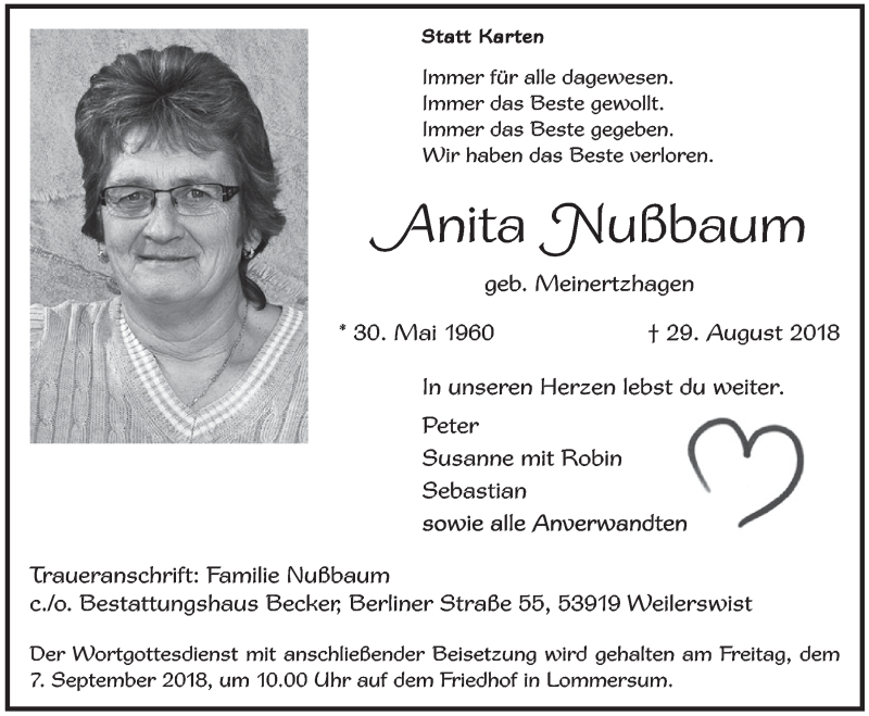  Traueranzeige für Anita Nußbaum vom 01.09.2018 aus  Blickpunkt Euskirchen 