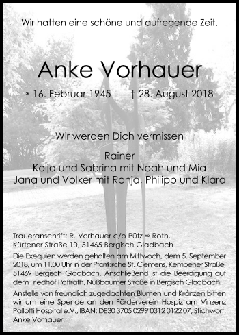Anzeige von Anke Vorhauer von Kölner Stadt-Anzeiger / Kölnische Rundschau / Express