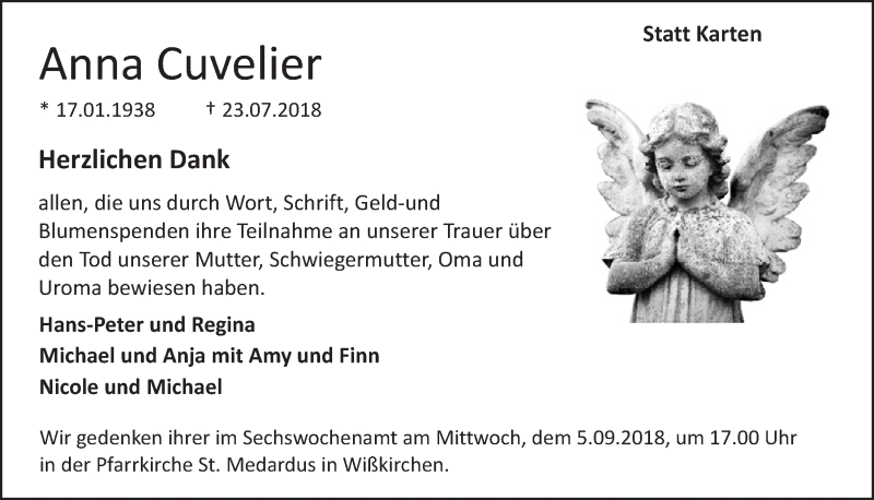  Traueranzeige für Anna Cuvelier vom 01.09.2018 aus  Blickpunkt Euskirchen 