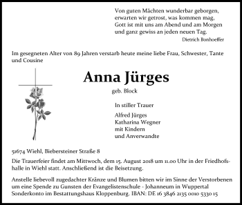 Anzeige von Anna Jürges von Kölner Stadt-Anzeiger / Kölnische Rundschau / Express