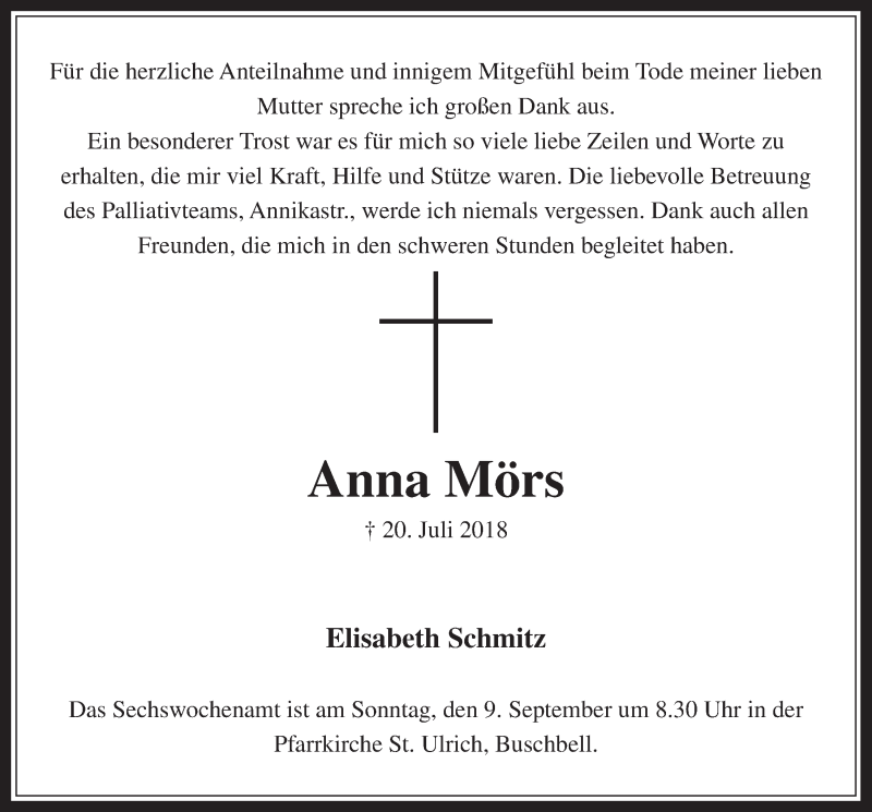  Traueranzeige für Anna Mörs vom 15.08.2018 aus  Wochenende 