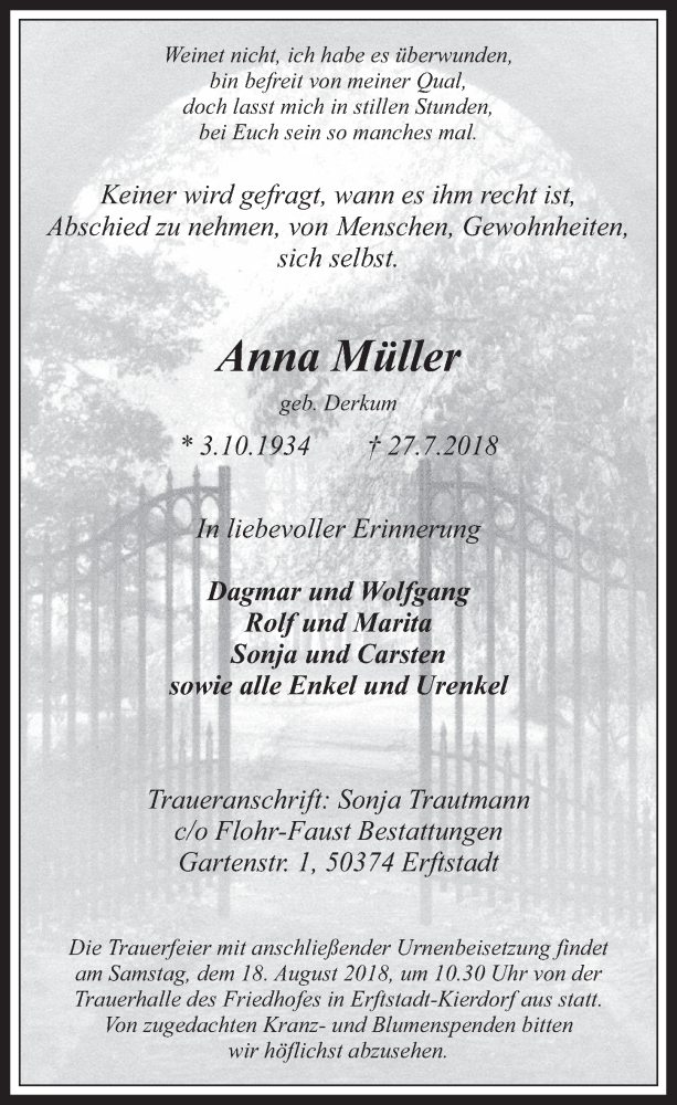  Traueranzeige für Anna Müller vom 08.08.2018 aus  Werbepost 