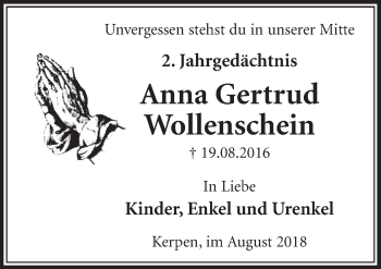 Anzeige von Anna Gertrud Wollenschein von  Sonntags-Post 