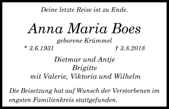 Anzeige von Anna Maria Boes von Kölner Stadt-Anzeiger / Kölnische Rundschau / Express