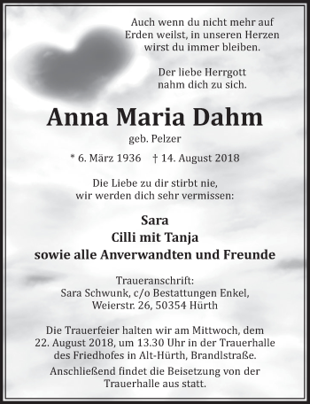 Anzeige von Anna Maria Dahm von  Sonntags-Post 