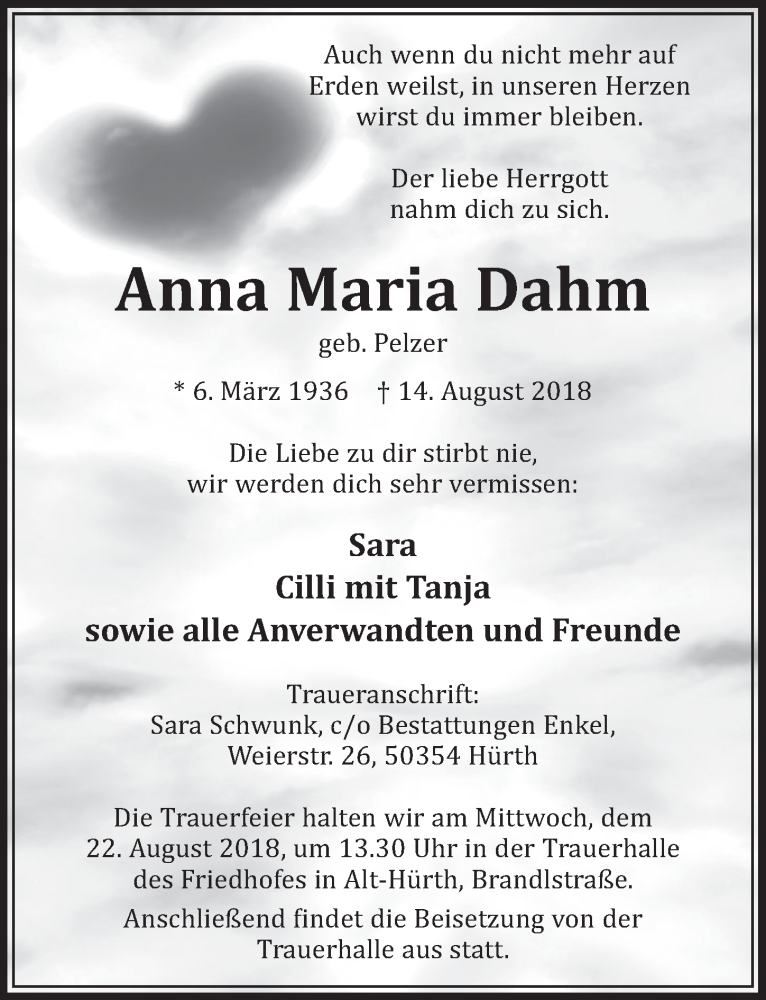  Traueranzeige für Anna Maria Dahm vom 18.08.2018 aus  Sonntags-Post 