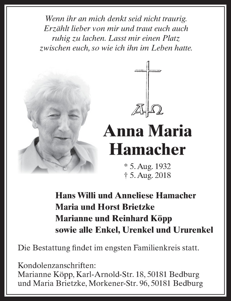  Traueranzeige für Anna Maria Hamacher vom 15.08.2018 aus  Werbepost 