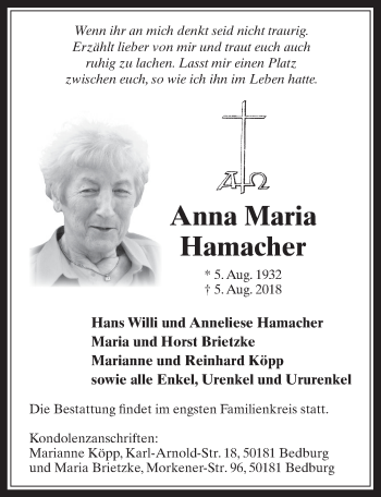 Anzeige von Anna Maria Hamacher von  Werbepost 