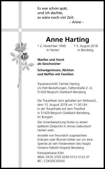 Anzeige von Anne Harting von Kölner Stadt-Anzeiger / Kölnische Rundschau / Express