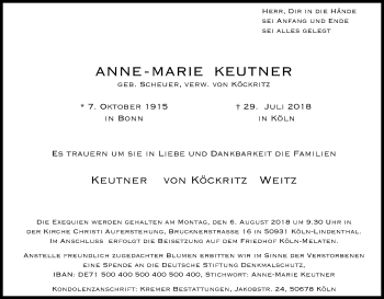 Anzeige von Anne-Marie Keutner von Kölner Stadt-Anzeiger / Kölnische Rundschau / Express