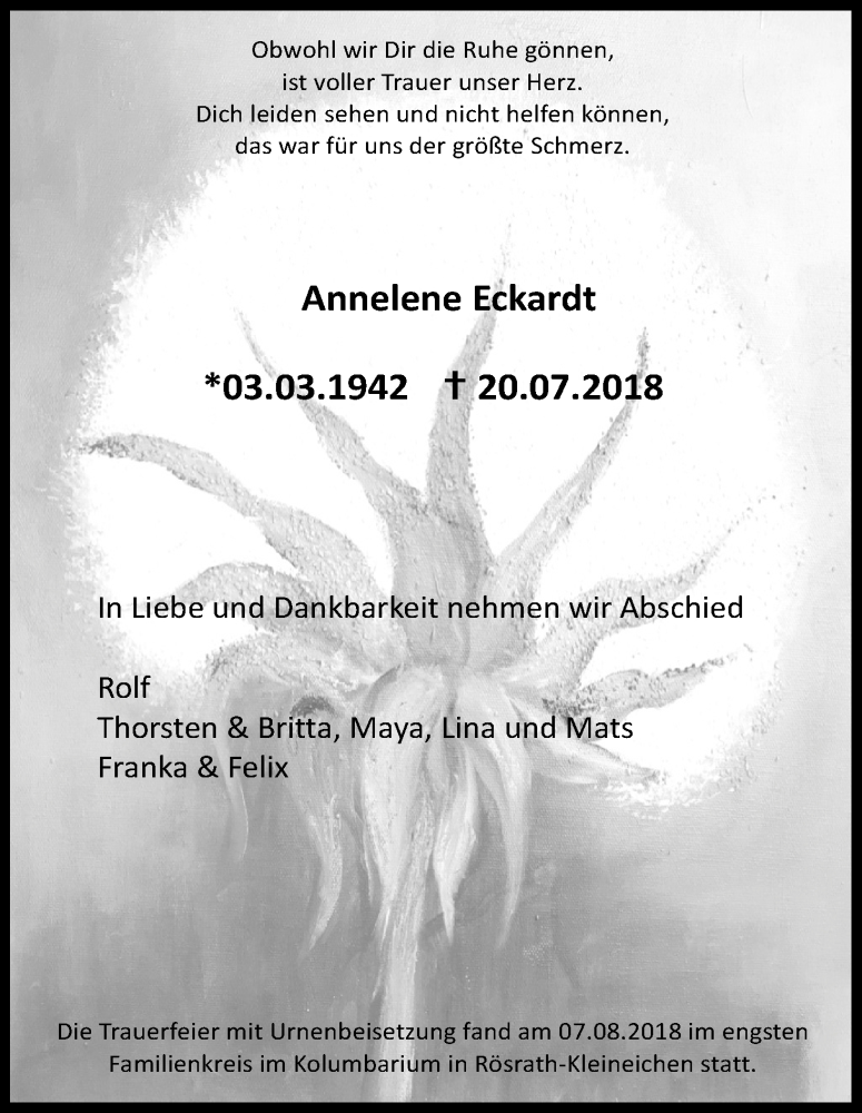  Traueranzeige für Annelene Eckardt vom 11.08.2018 aus Kölner Stadt-Anzeiger / Kölnische Rundschau / Express
